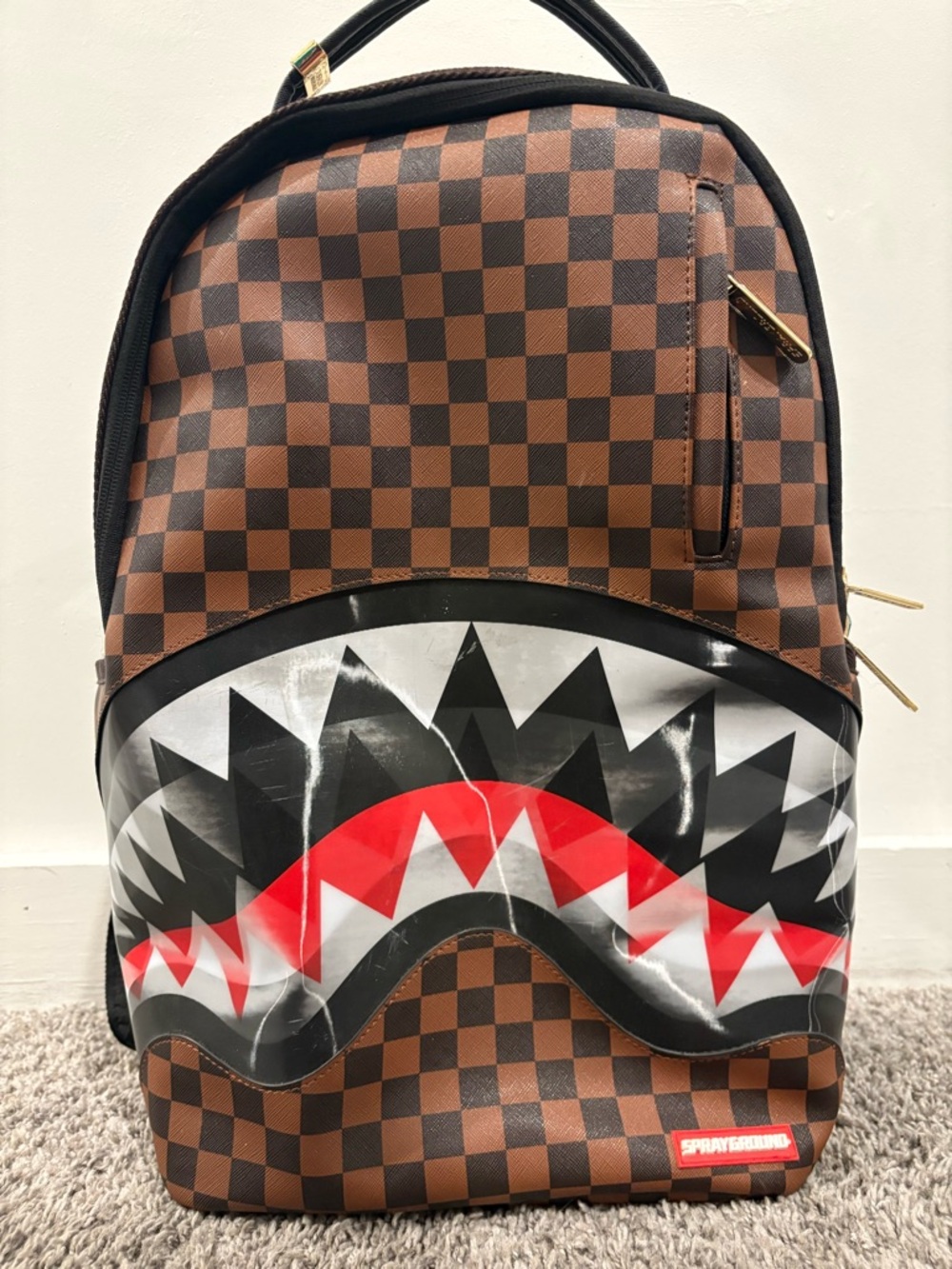 Sprayground Shark Mouth Checkered Backpack Brown Black Streetwear Travel Bag